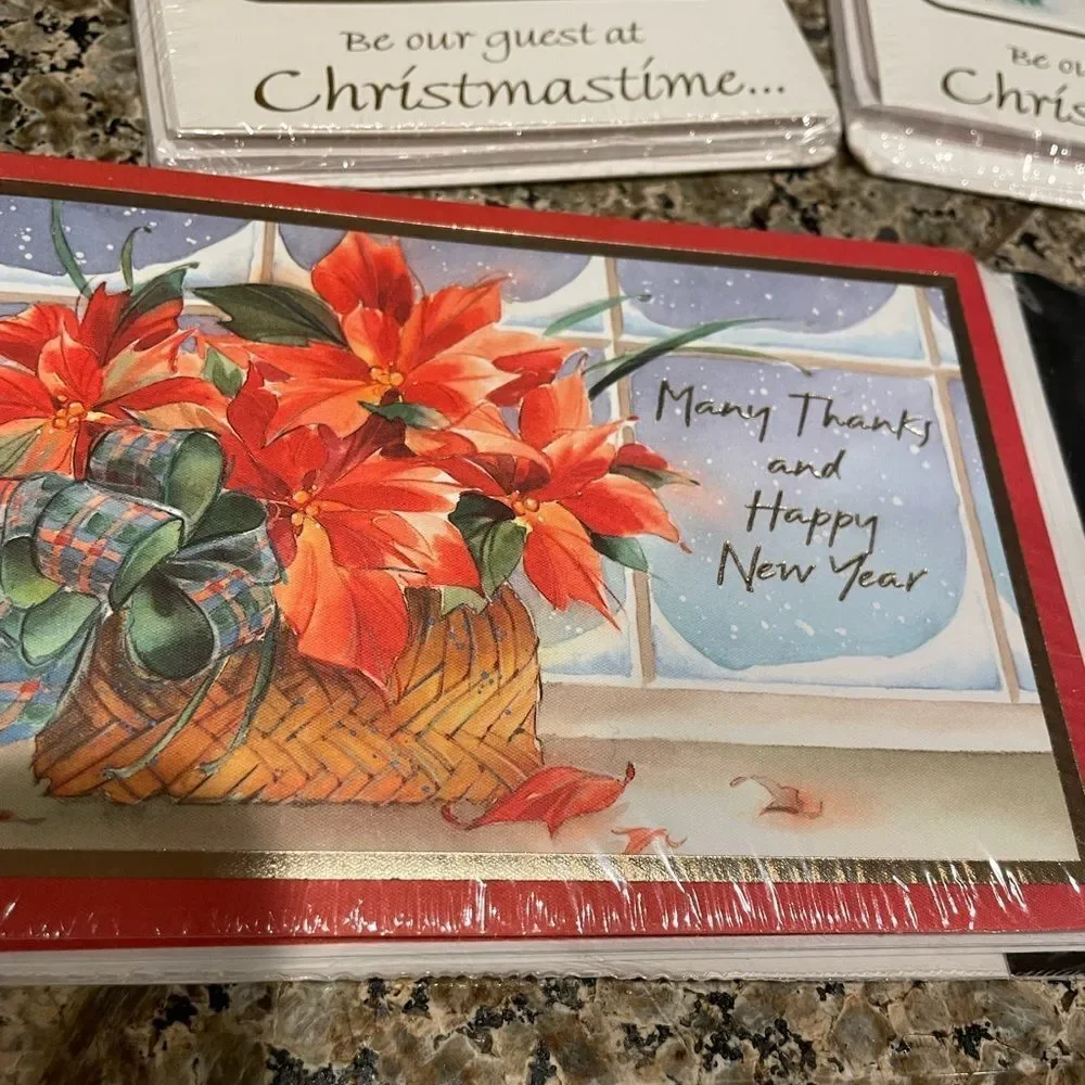 Christmas Party Invites Vintage 3 Sets & 2 Sets of Poinsettia Thank You Cards